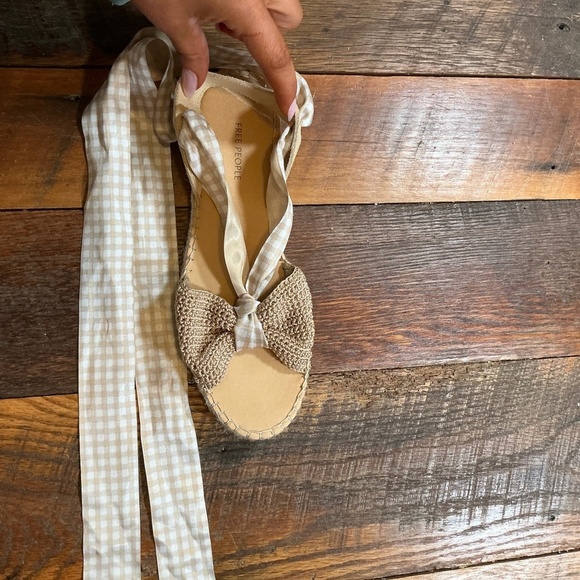 Free People Go For Gingham Wrap Sandals Natural Espadrille Tie Up Shoes Women’s - Picture 9 of 12
